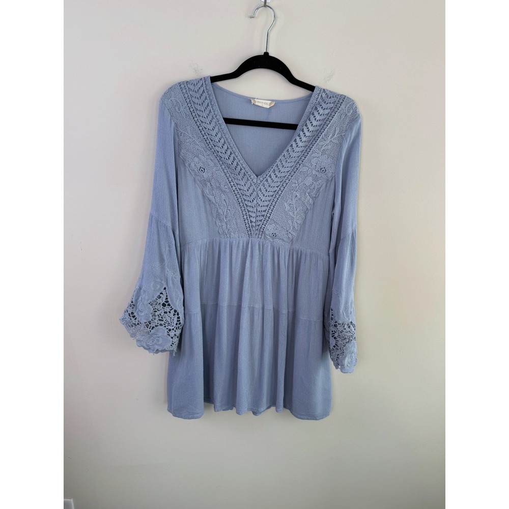 Altar'd State Women's Medium Blue Crochet Lace Fairycore Tunic Dress Bell Sleeve